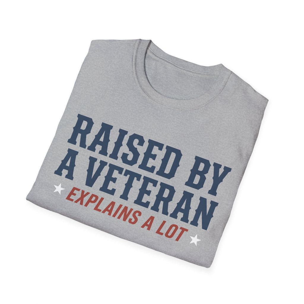 Sport grey crewneck T-shirt with 'RAISED BY A VETERAN' text graphic.