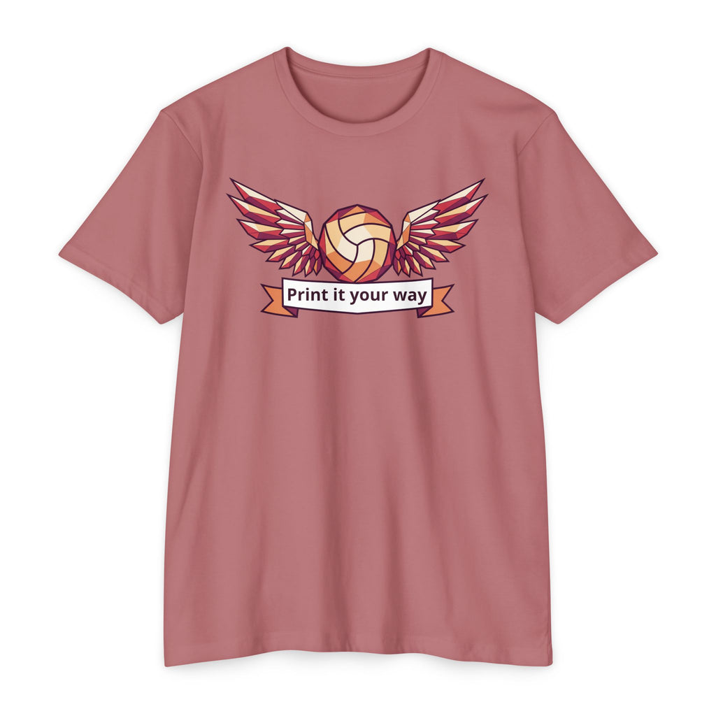 Unisex volleyball T-shirt, mauve pink, winged volleyball logo graphic on front