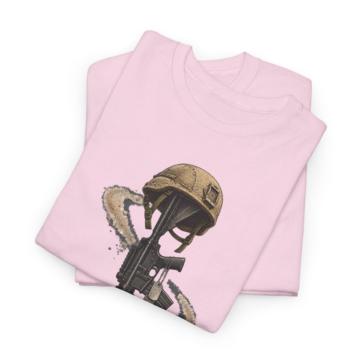 Light pink crewneck T-shirt with helmeted soldier holding a rifle graphic