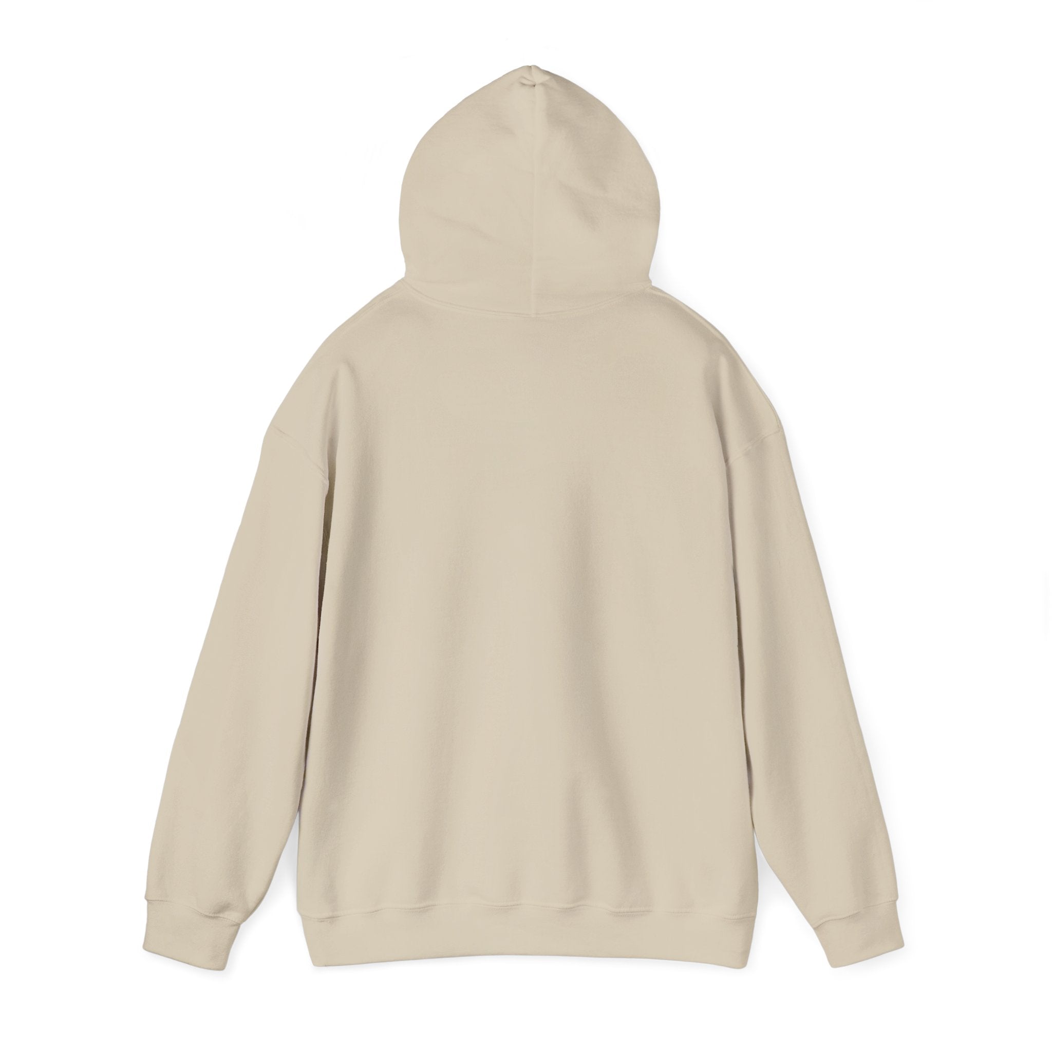 Light beige hoodie back view with pullover hood and drawstring