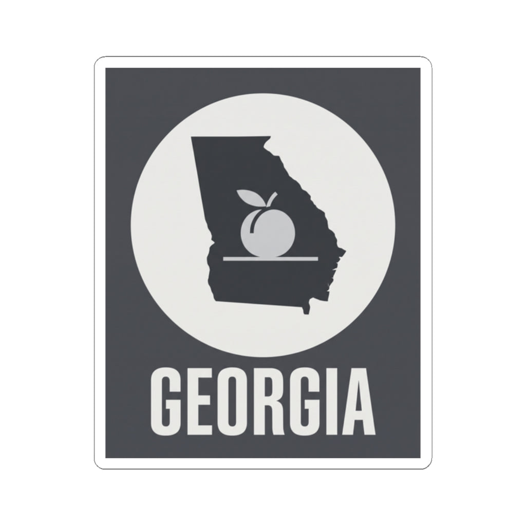Square vinyl decal with Georgia lettering and state outline plus peach icon inside circle.