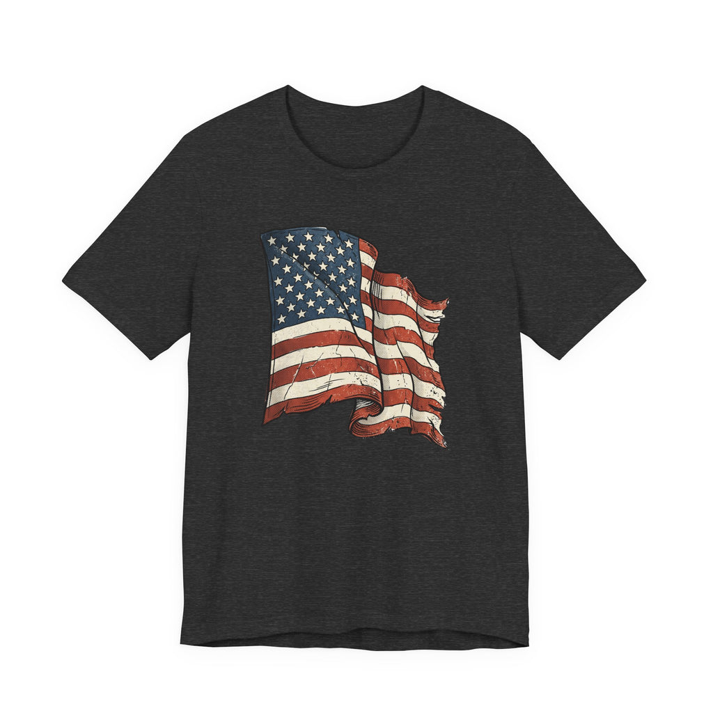 Dark charcoal crew-neck T-shirt with distressed waving American flag graphic