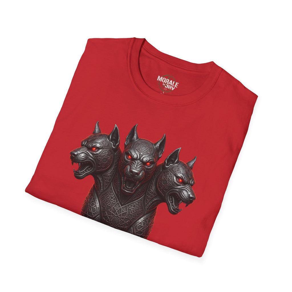 Red Three-Headed Cerberus dog T‑shirt, three heads gothic print on front