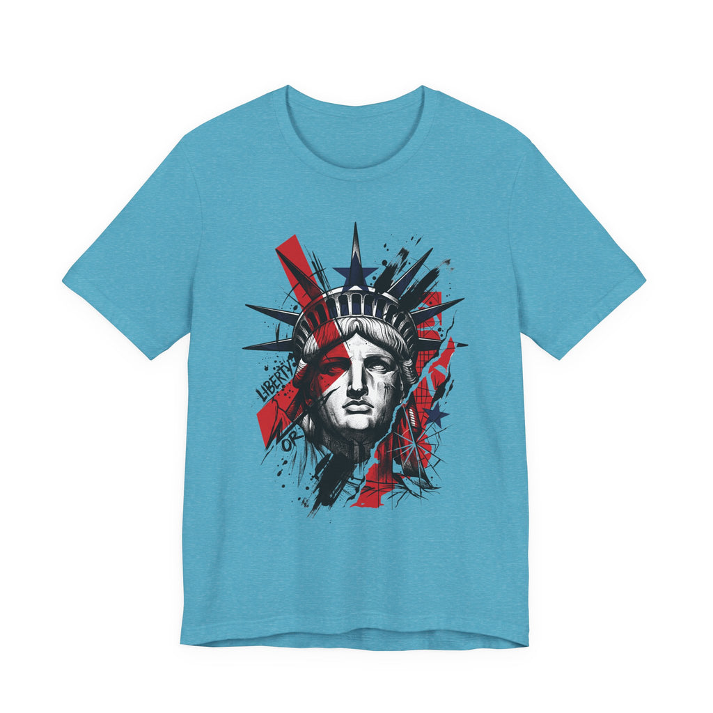 Light blue graphic T-shirt with Statue of Liberty head illustration in red and black