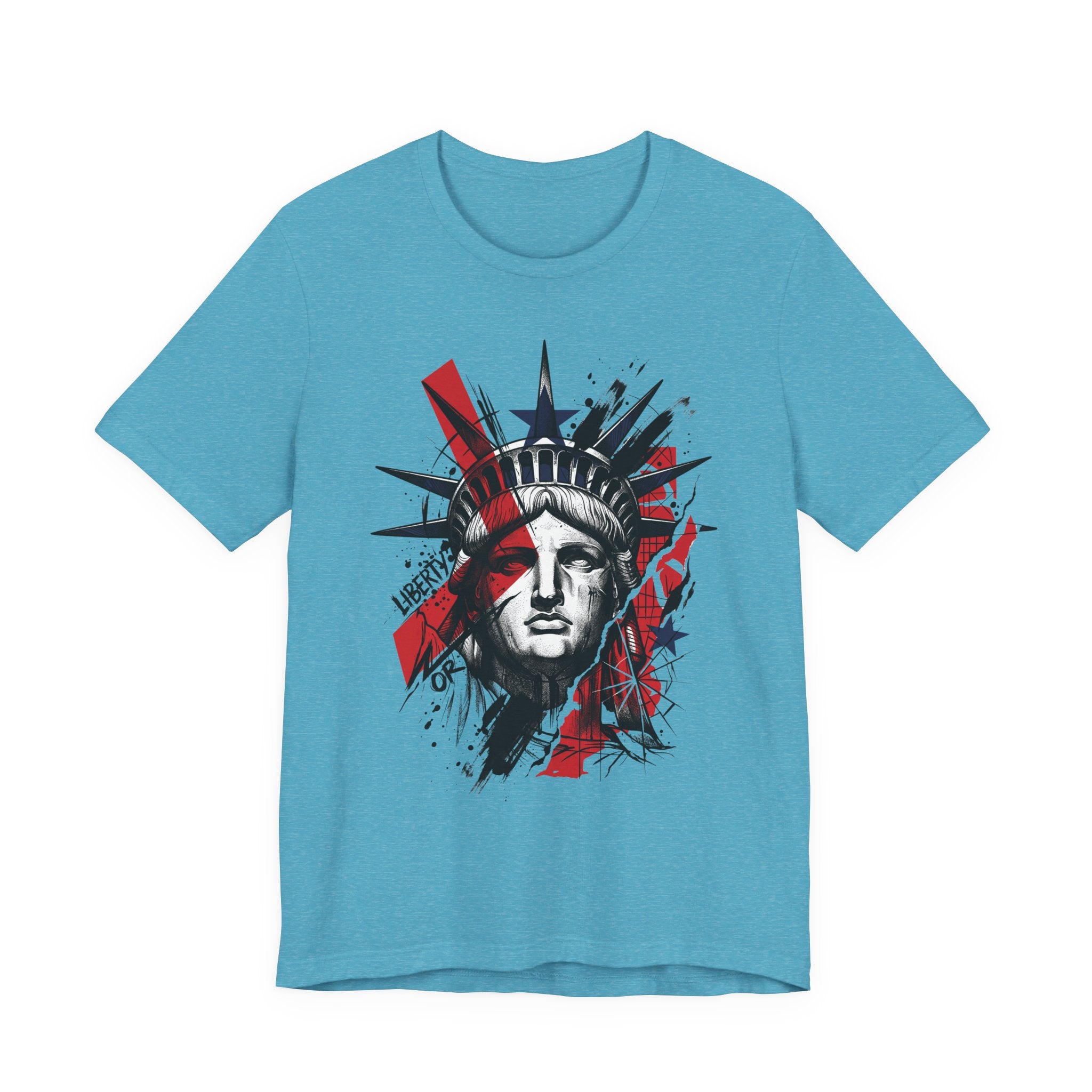 Light blue graphic T-shirt with Statue of Liberty head illustration in red and black