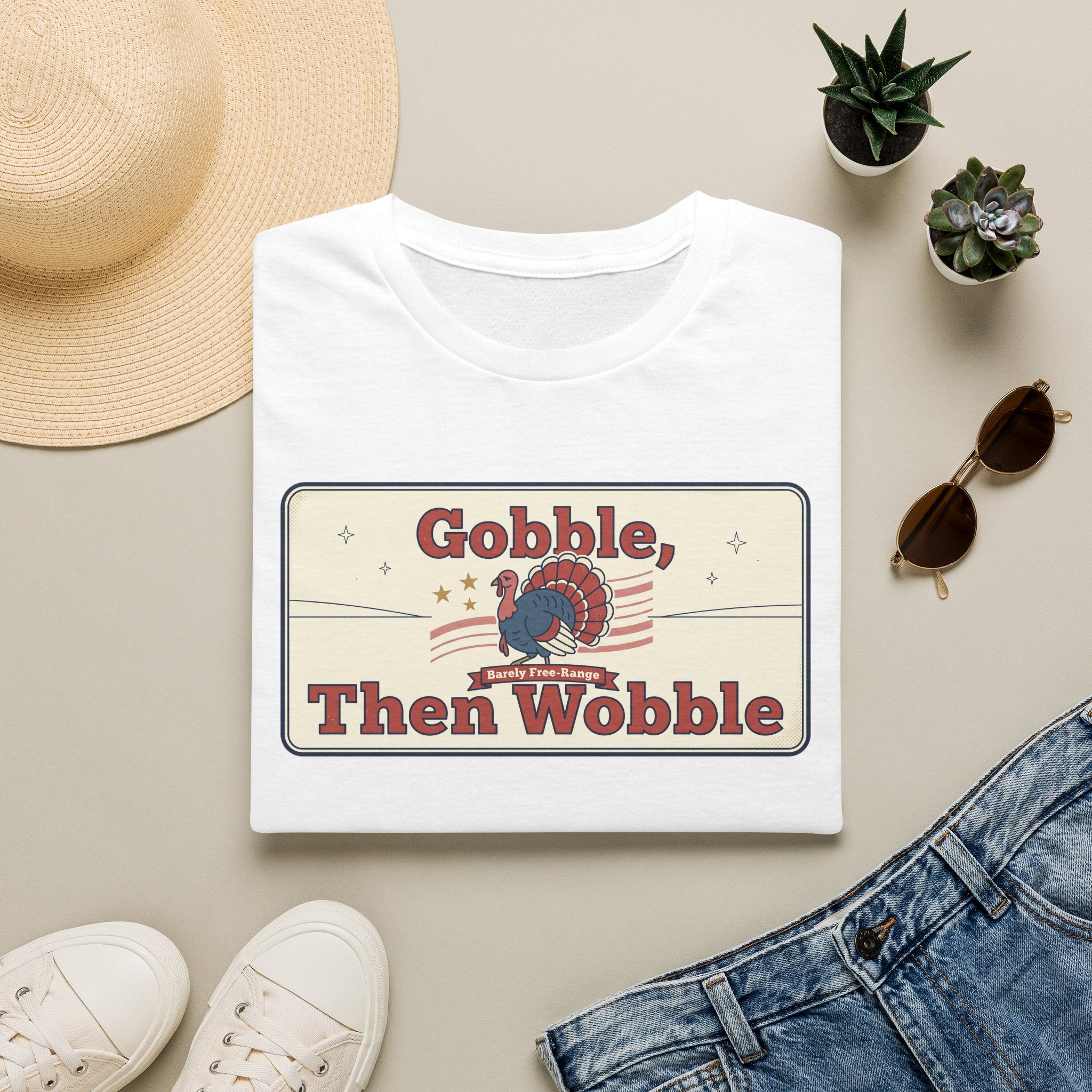 White T-shirt with retro turkey graphic and bold text design