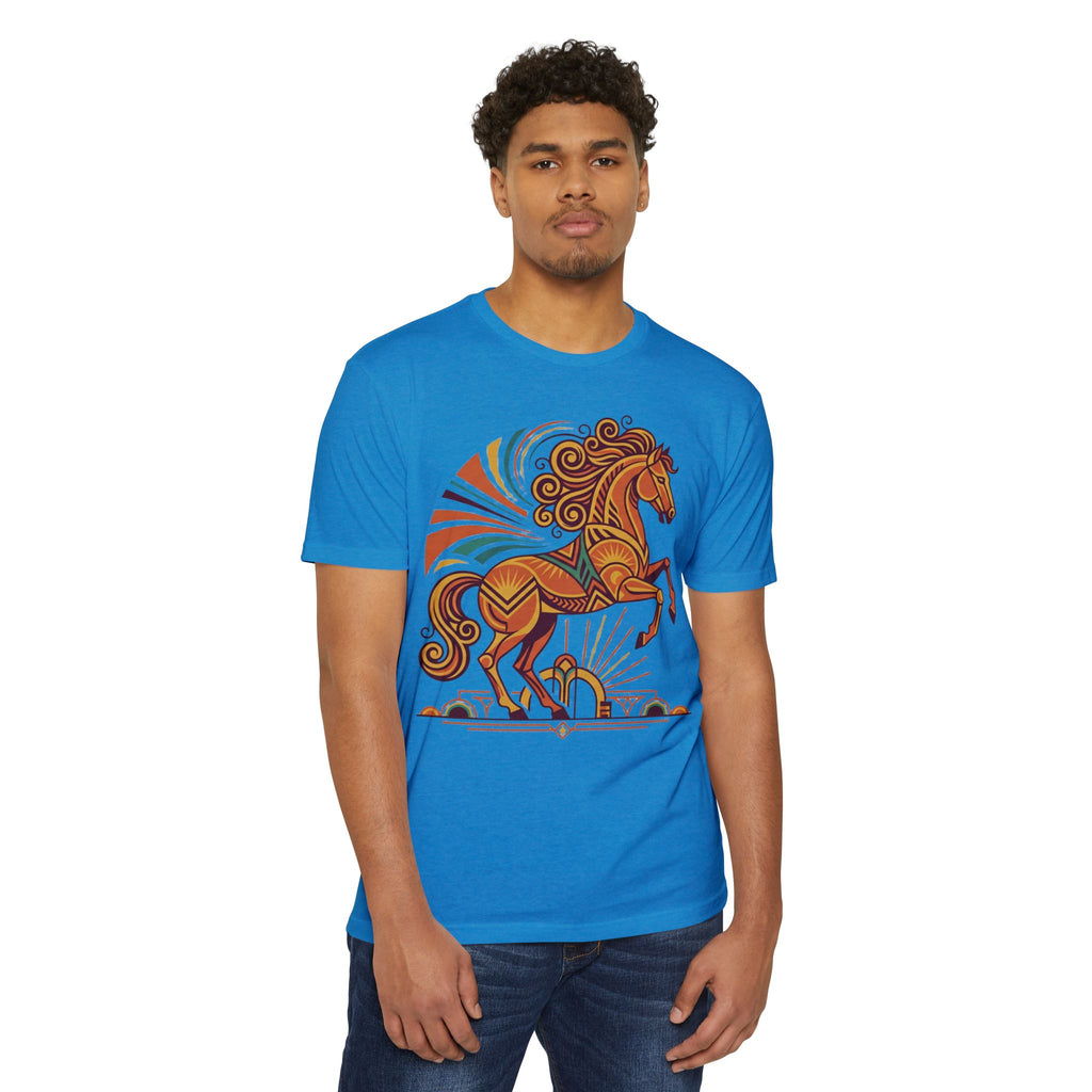 Blue crewneck T-shirt with colorful prancing horse graphic and sunburst rays