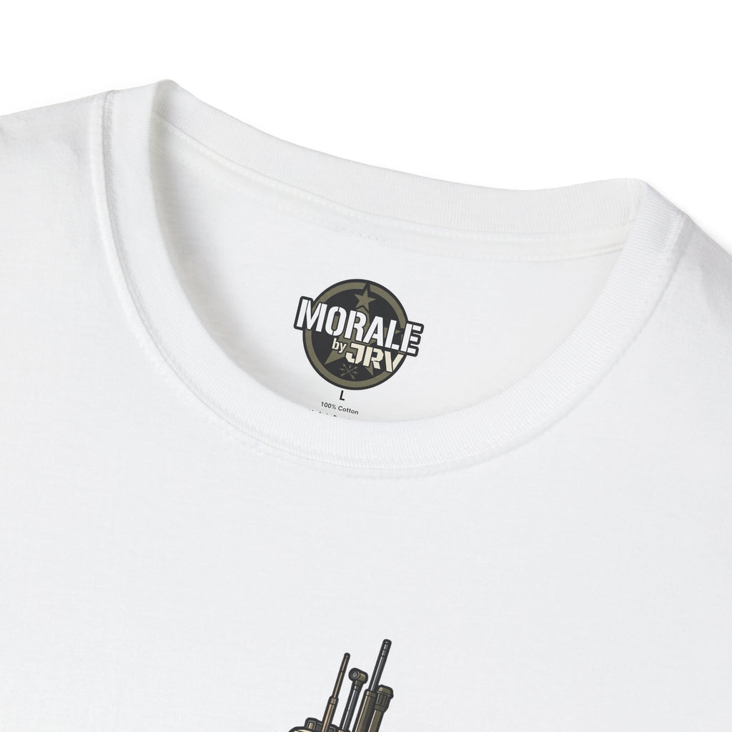 White T-shirt with circular “Morale by DRV” logo at the neckline