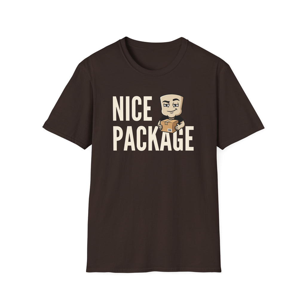 Dark chocolate T-shirt with 'NICE PACKAGE' graphic of a delivery worker holding a box