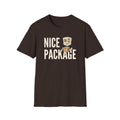 Dark chocolate T-shirt with 'NICE PACKAGE' graphic of a delivery worker holding a box