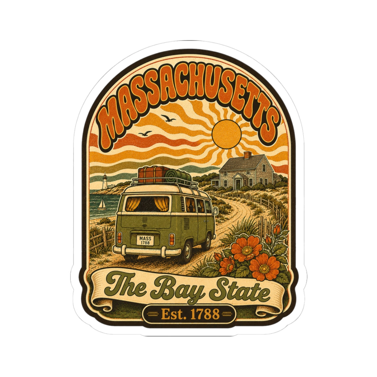 Kiss-cut Massachusetts sticker with vintage van, orange sun, and “Bay State” text