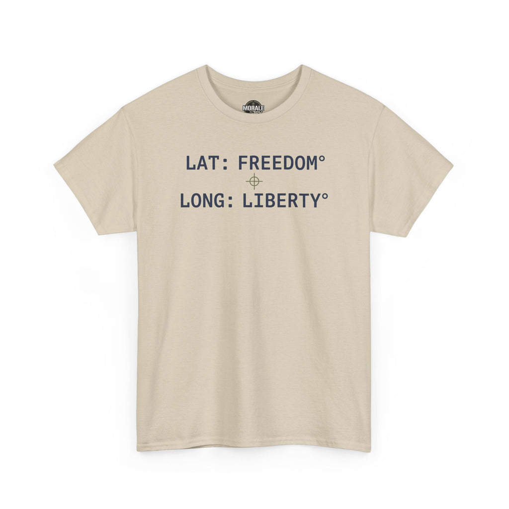Sand crew neck T-shirt with blue coordinate text reading LAT and LONG.