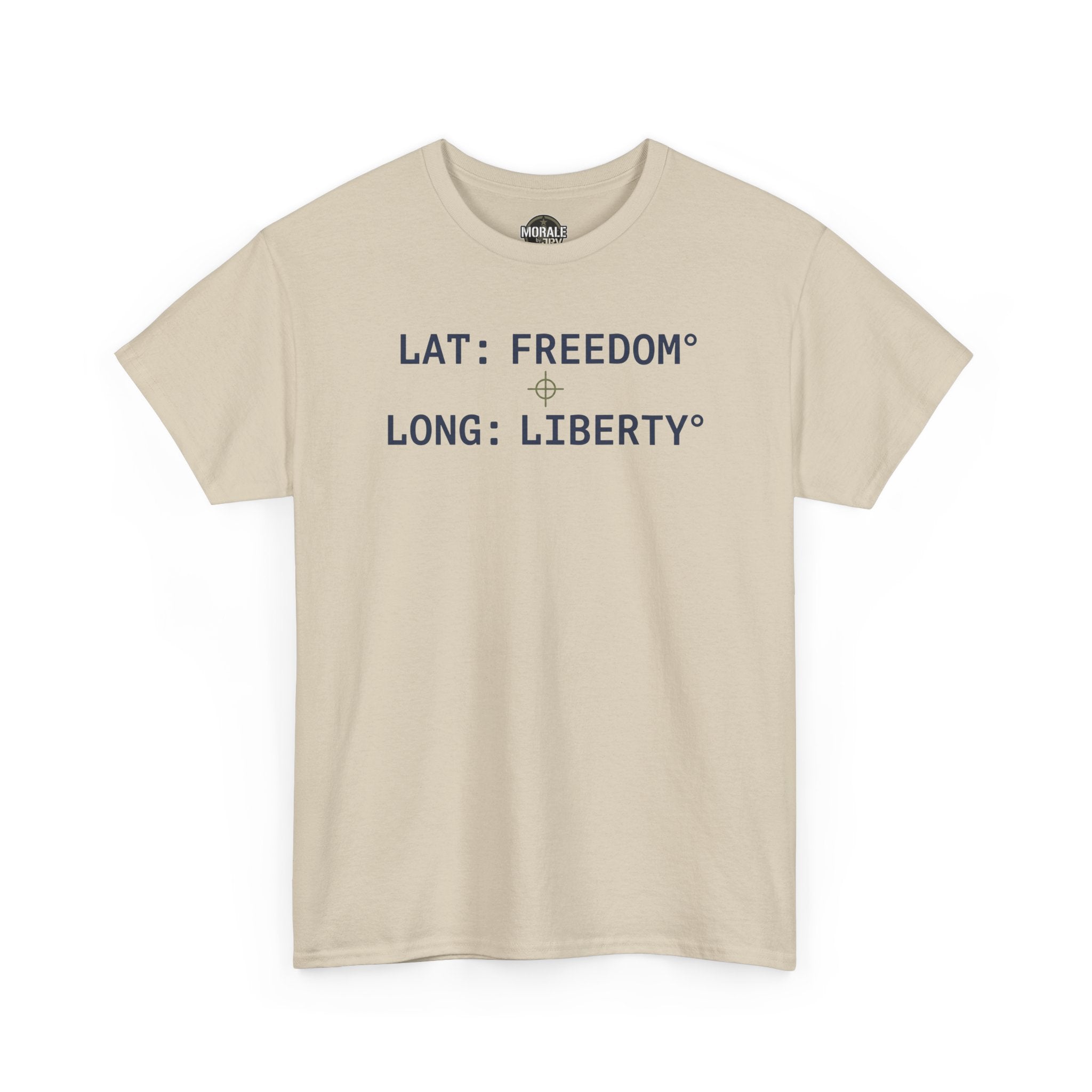 Sand crew neck T-shirt with blue coordinate text reading LAT and LONG.