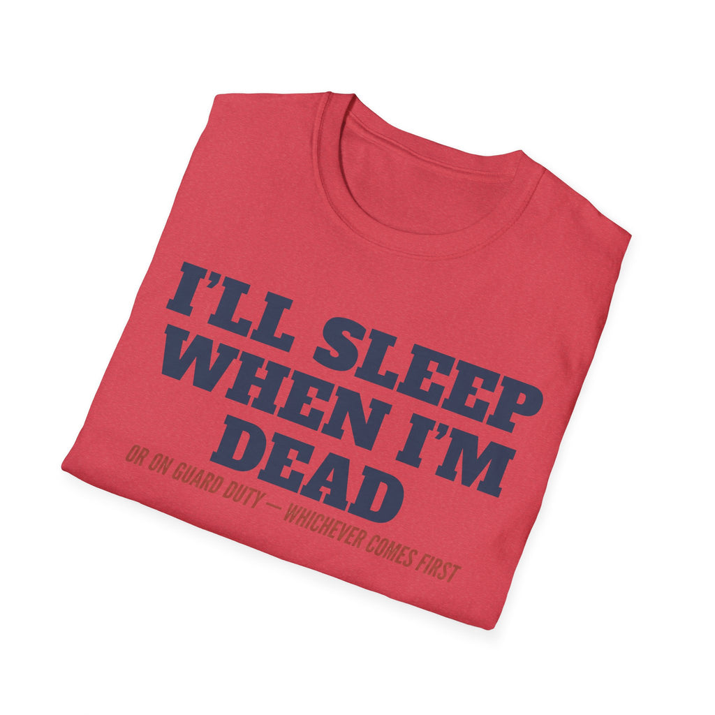 Red crew-neck T-shirt with 'I'll sleep when I'm dead' slogan graphic