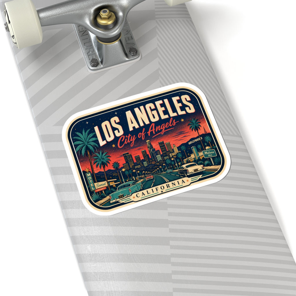 Luggage tag sticker on roller suitcase with Los Angeles skyline and “City of Angels”