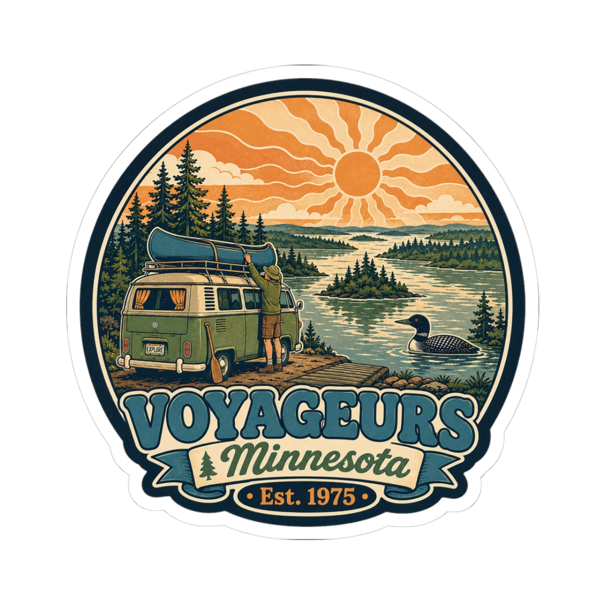 Round die-cut sticker: green camper van, pines and lake scene with orange sun; Voyageurs Minnesota