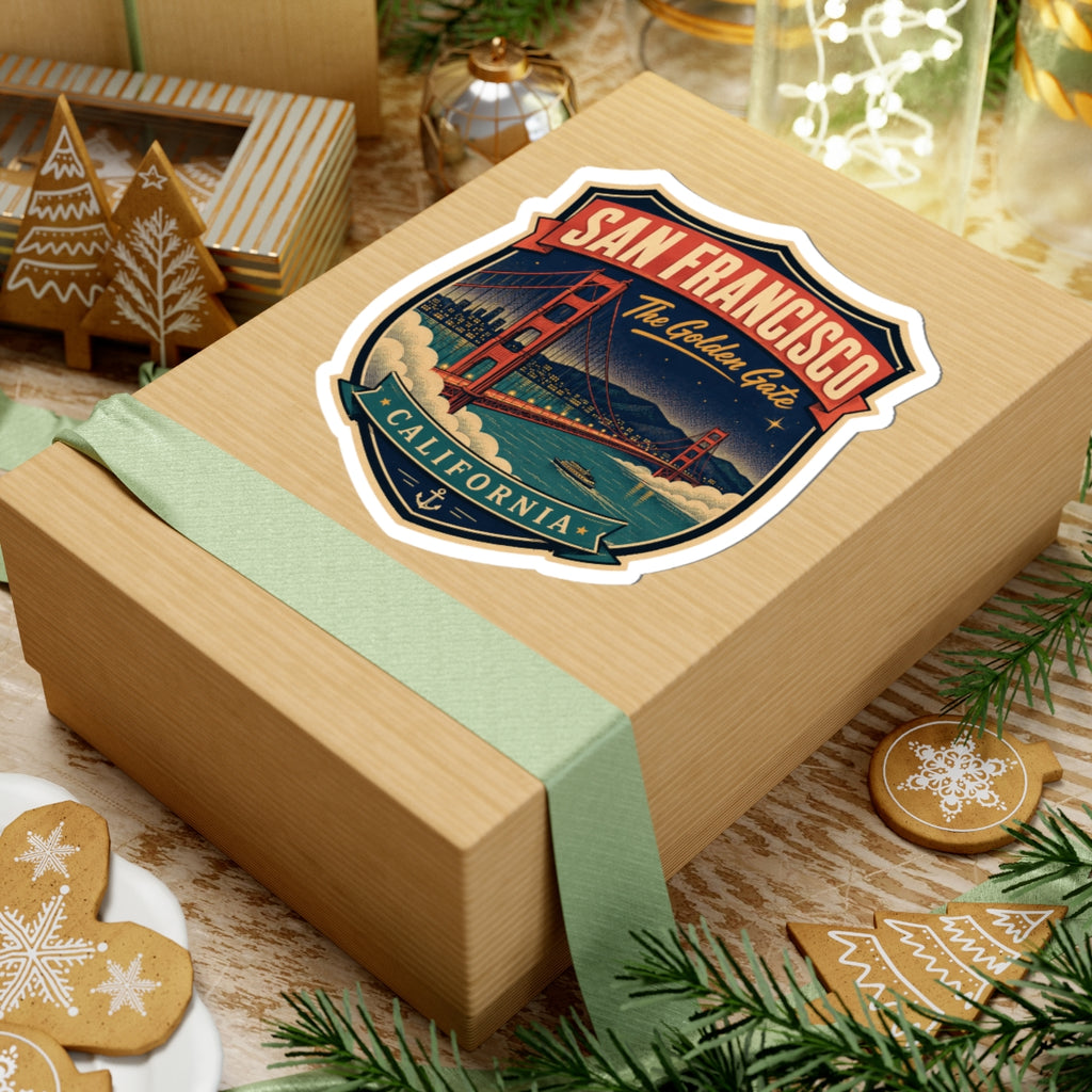 Luggage tag sticker on gift box: San Francisco badge with Golden Gate Bridge and California text