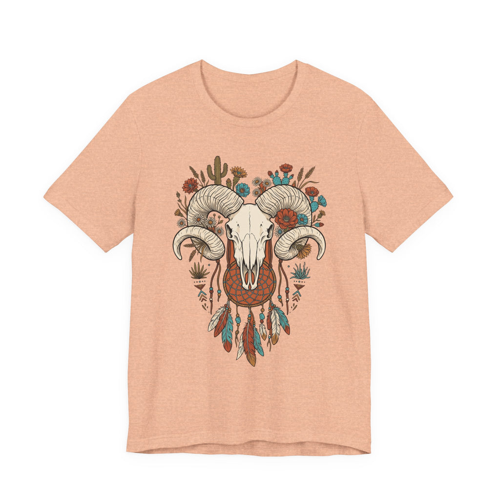 Ram skull with horns graphic T-shirt, heather peach front