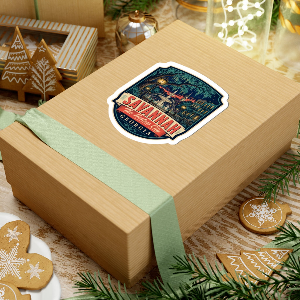Savannah luggage tag sticker on gift, city scene with SAVANNAH banner and GEORGIA