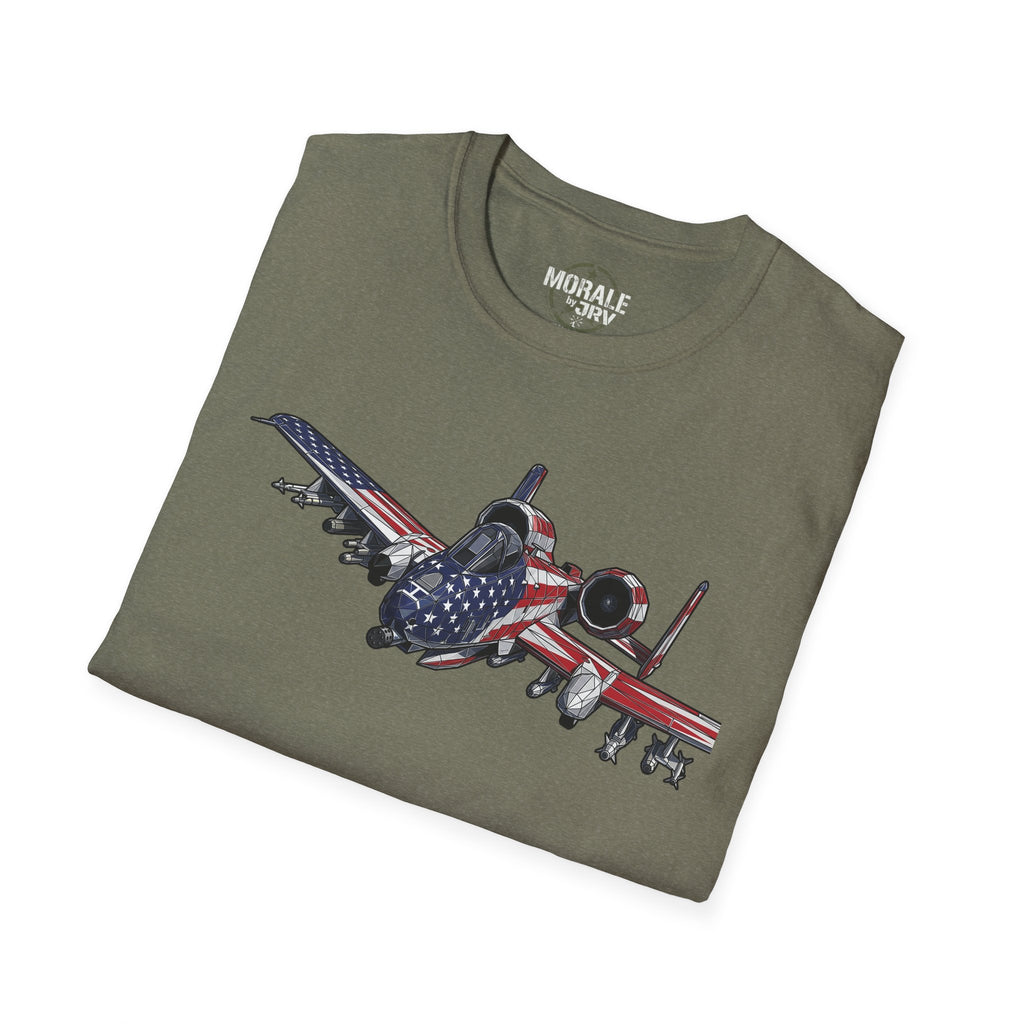 Olive T-shirt with A-10 Warthog graphic and American flag stripes