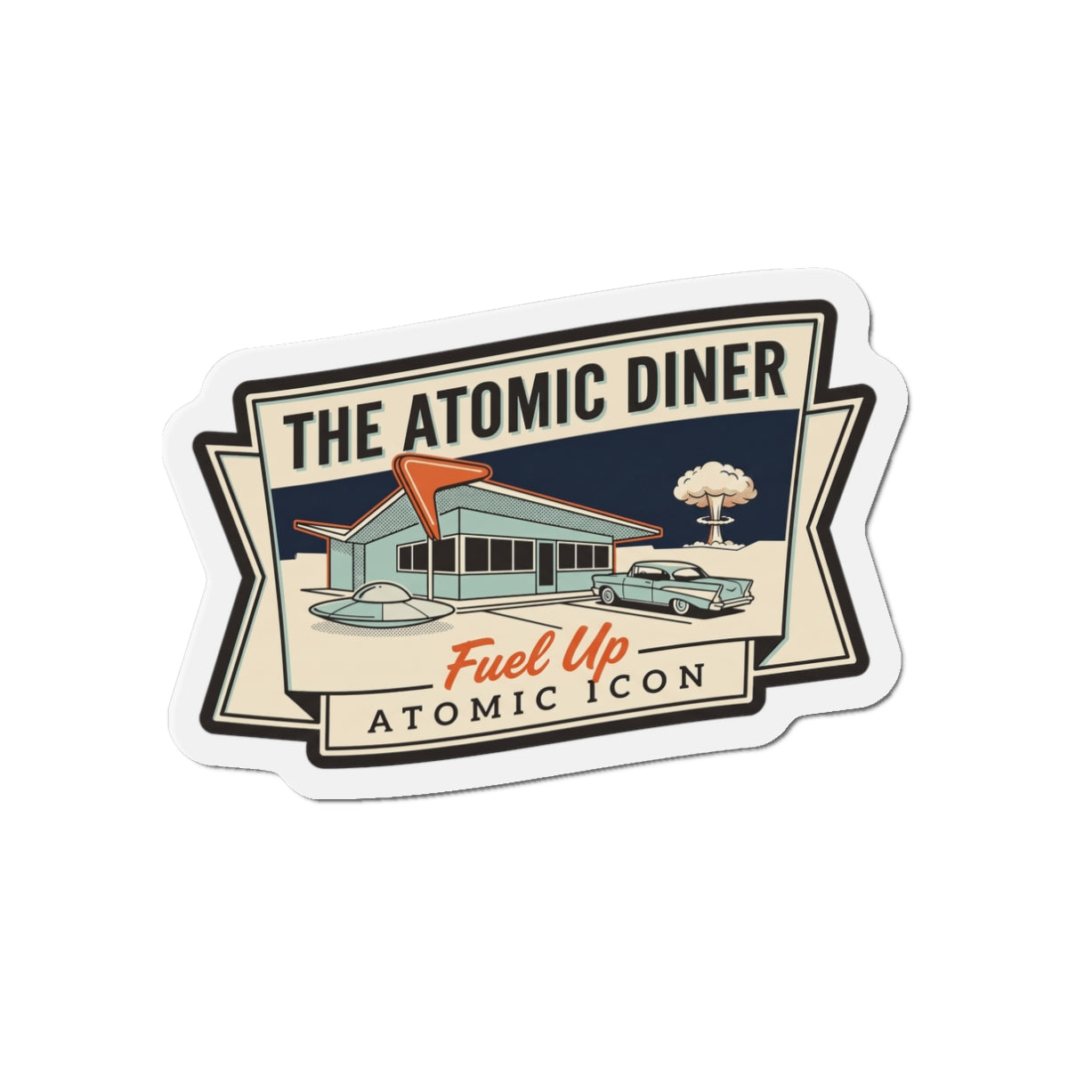 Die-cut diner magnet featuring retro building, car, and “Fuel Up” slogan