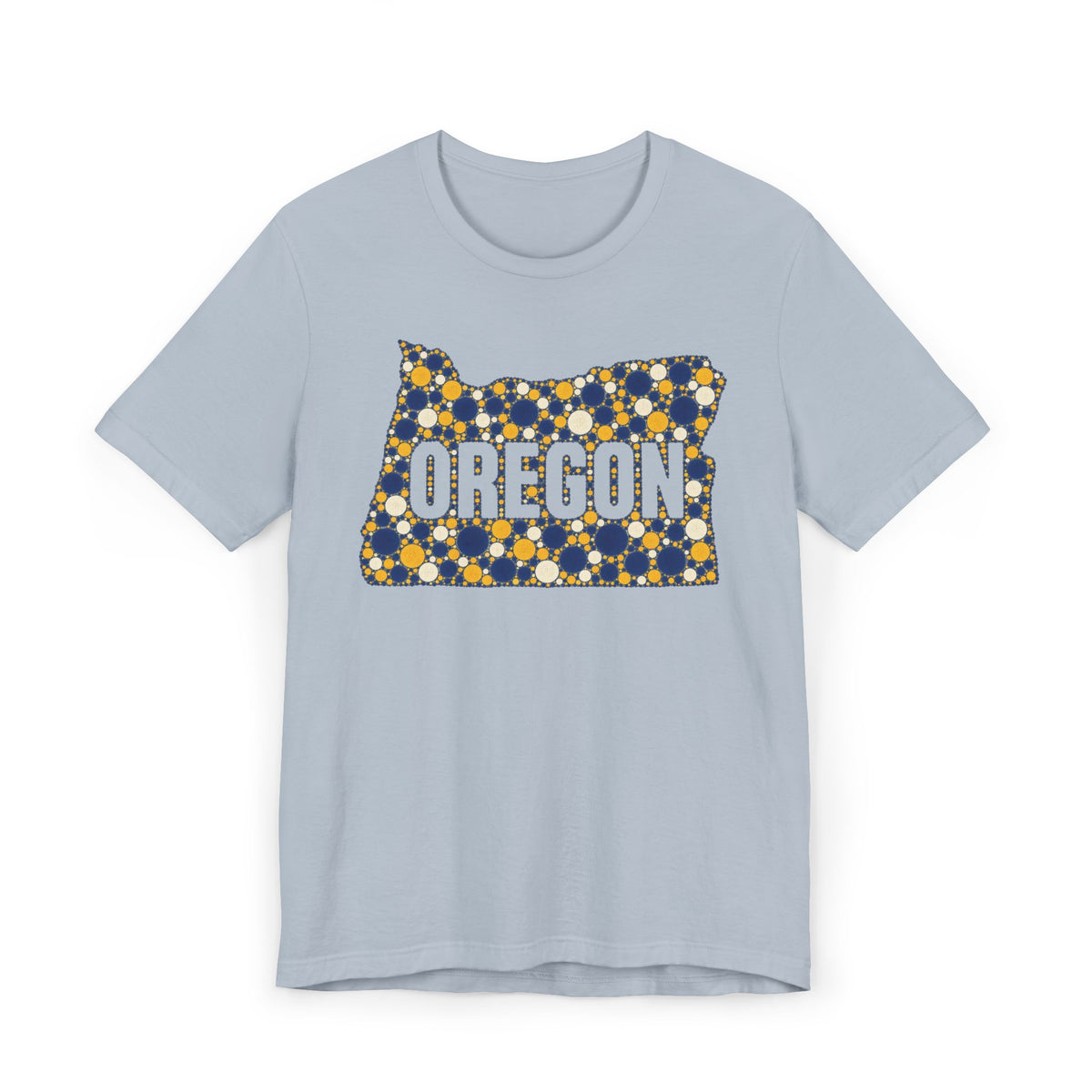 Dusty blue Oregon map graphic t-shirt with blue and gold polka dot lettering