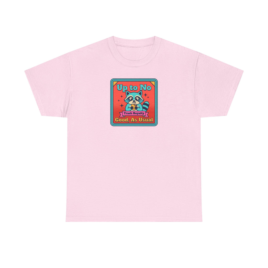 Light pink T-shirt with small square raccoon graphic text “Up to No Good, As Usual”