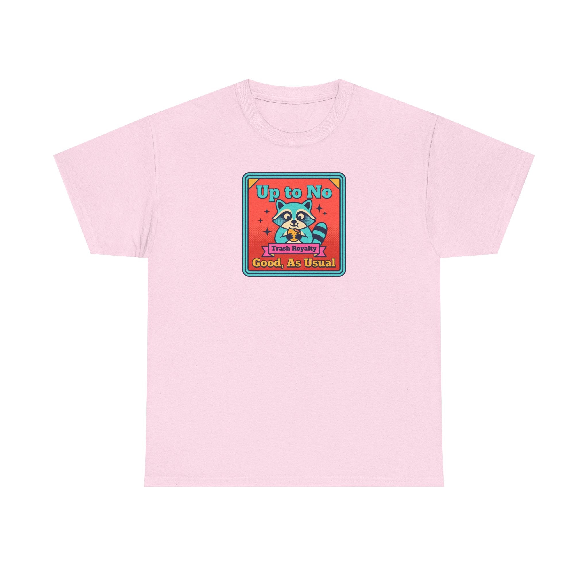 Light pink T-shirt with small square raccoon graphic text “Up to No Good, As Usual”