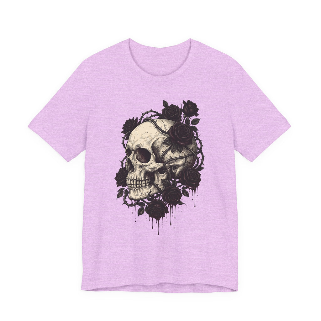 Lavender T-shirt with gothic skull and black rose floral graphic on front