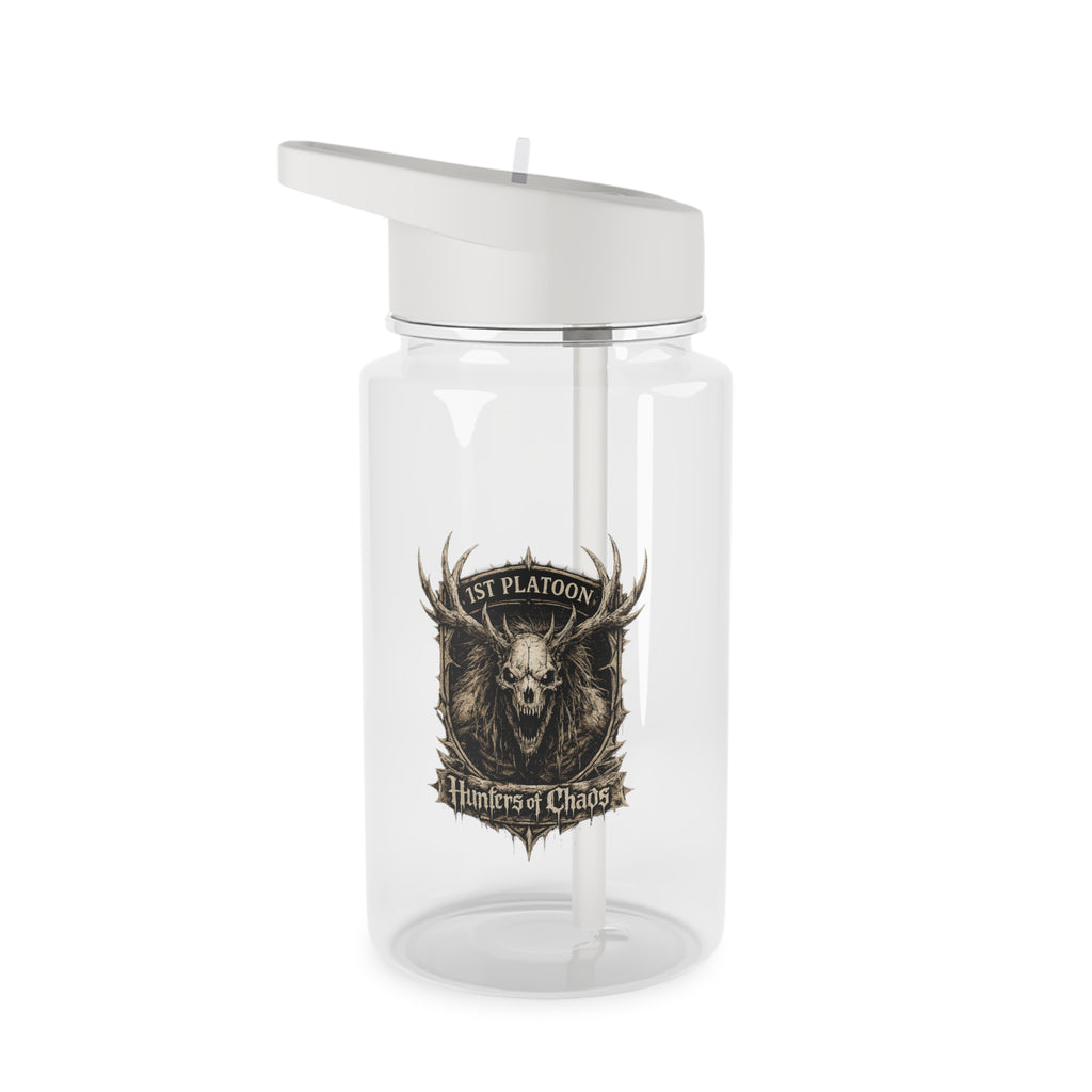 Transparent plastic water bottle with silver flip-top cap and front graphic logo