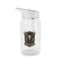 Transparent plastic water bottle with silver flip-top cap and front graphic logo