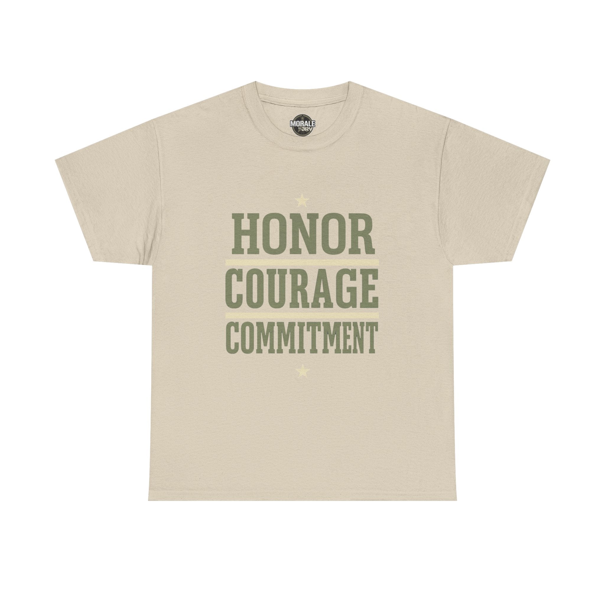 Sand T-shirt with “HONOR COURAGE COMMITMENT” graphic and star accents