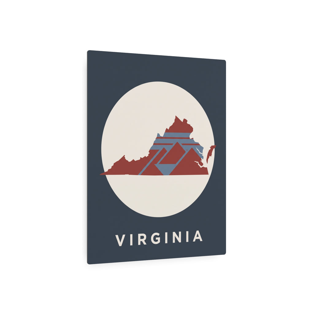 Virginia metal sign front: dark blue square with circular state map and “VIRGINIA”