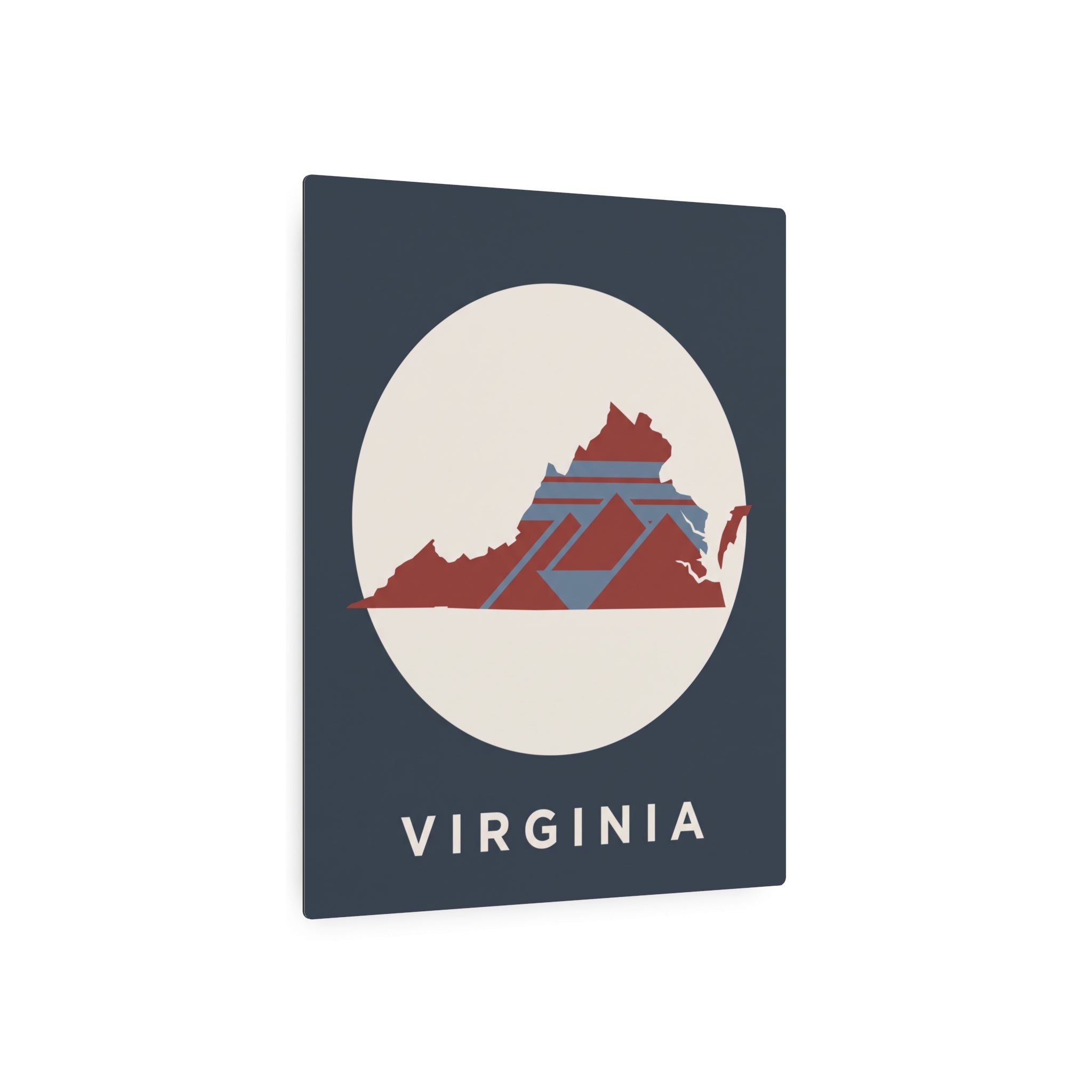 Virginia metal sign front: dark blue square with circular state map and “VIRGINIA”