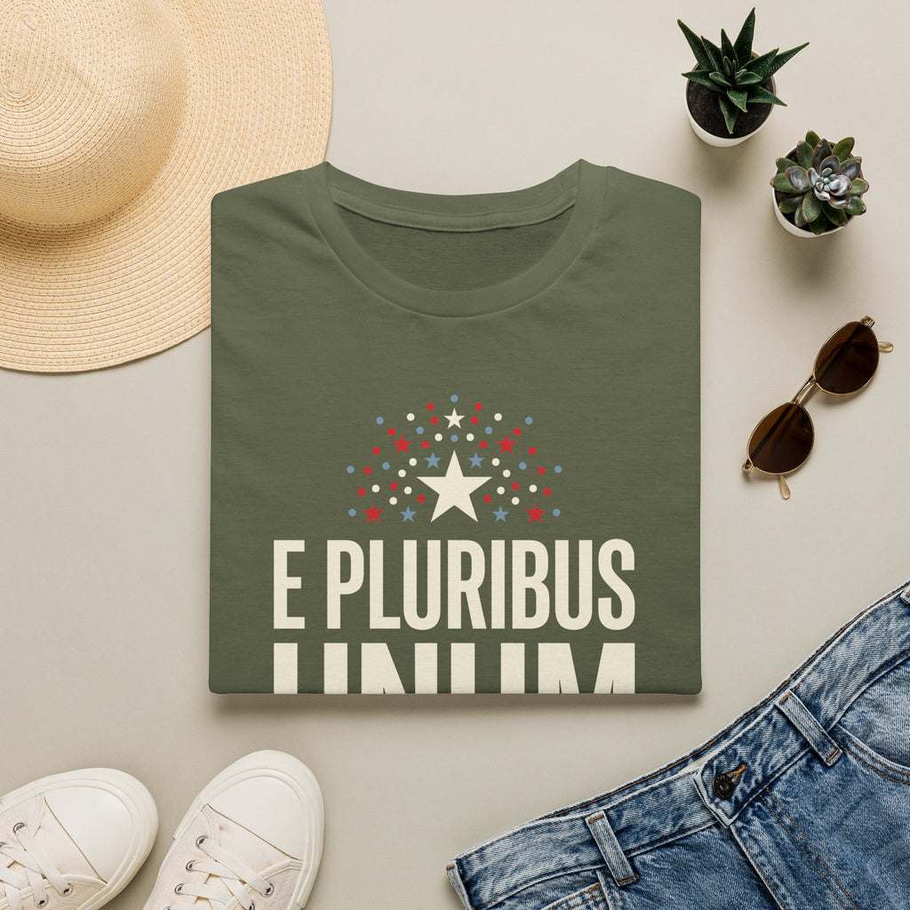 Olive green T-shirt with starburst graphic and "E PLURIBUS" text