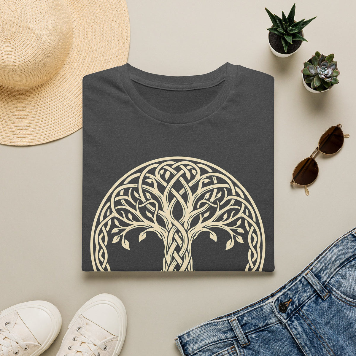 Dark gray crewneck T-shirt with Celtic tree of life knotwork circle graphic on front