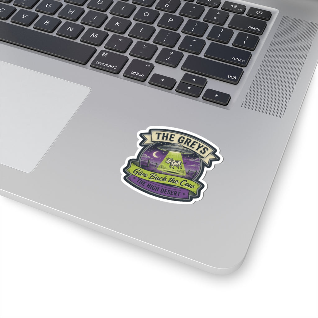 Purple retro farm badge sticker with UFO and cow, reads "THE GREYS".