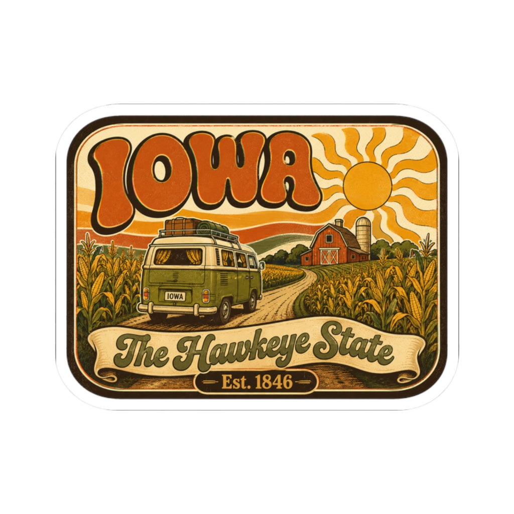 Kiss-cut Iowa retro camper sticker with orange swirl background and corn plants, white border