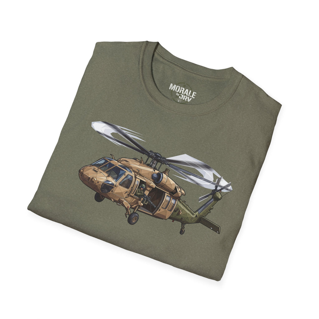UH-60 Black Hawk T-Shirt with helicopter graphic, military green crewneck