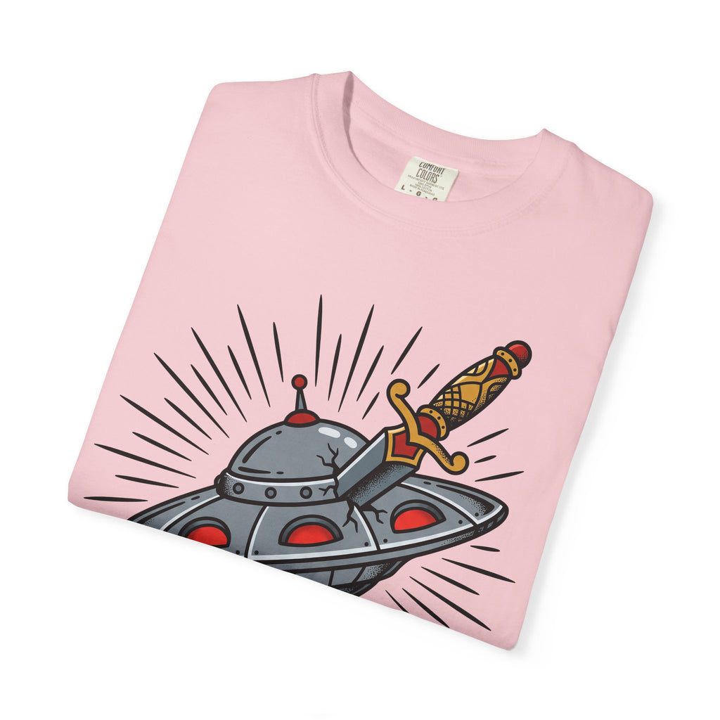 Light pink T-shirt folded flat, front UFO dagger illustration with rays