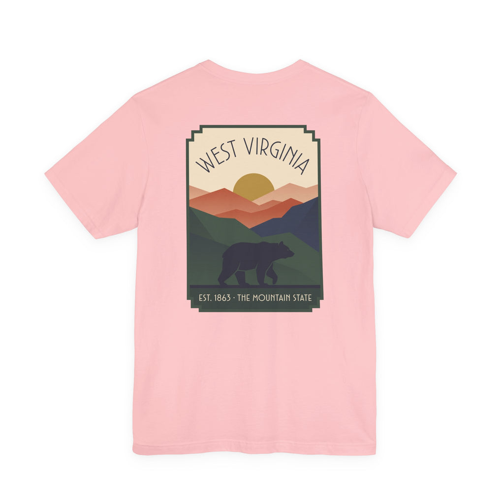 Pink T-shirt with square West Virginia mountain bear graphic print on chest