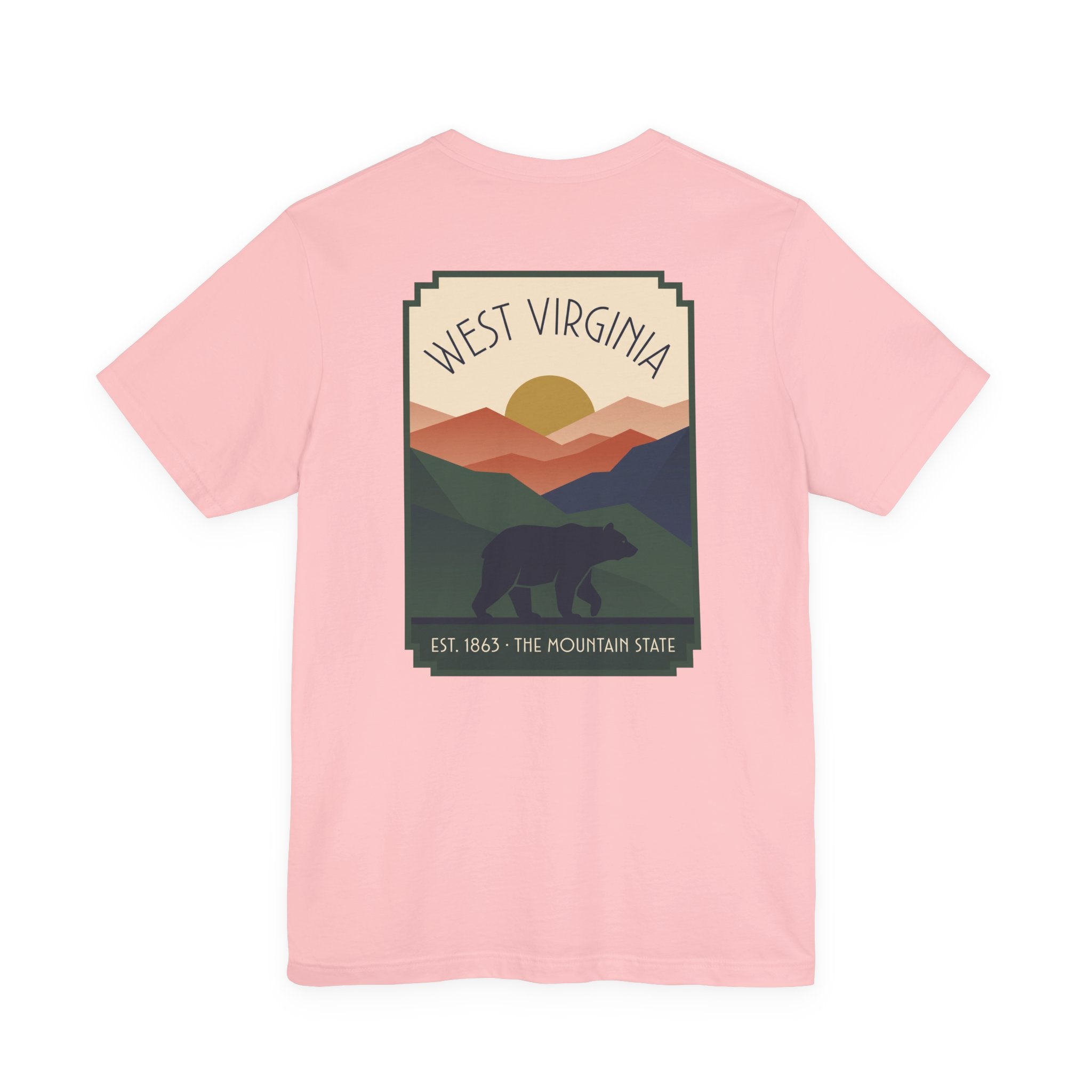 Pink T-shirt with square West Virginia mountain bear graphic print on chest