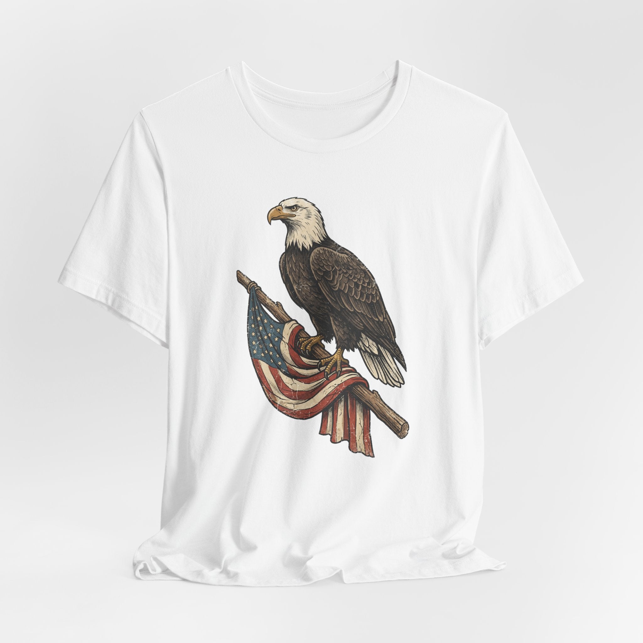 White crewneck t-shirt with vintage eagle perched on American flag graphic