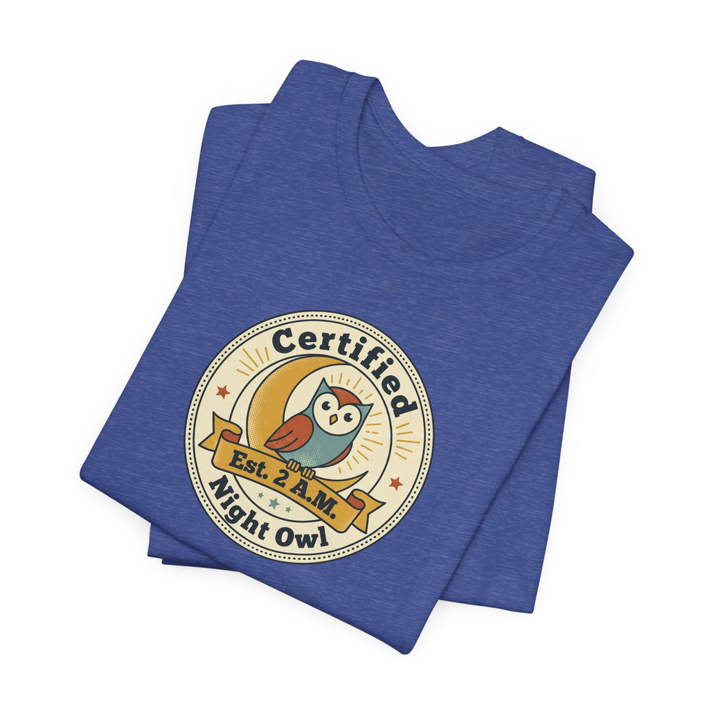 Royal blue T-shirt with Certified Night Owl circular badge graphic front