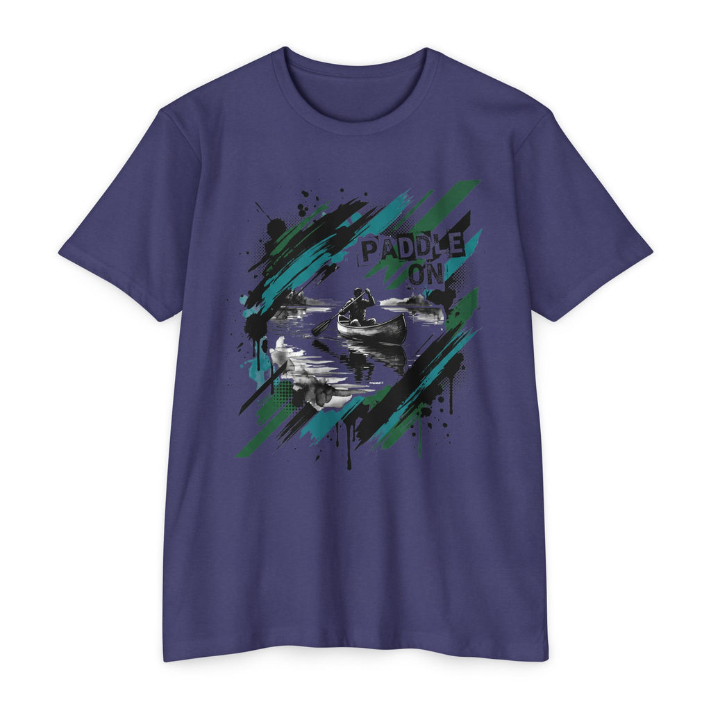 Navy short-sleeve T-shirt with “PADDLE ON” kayak graphic on the front
