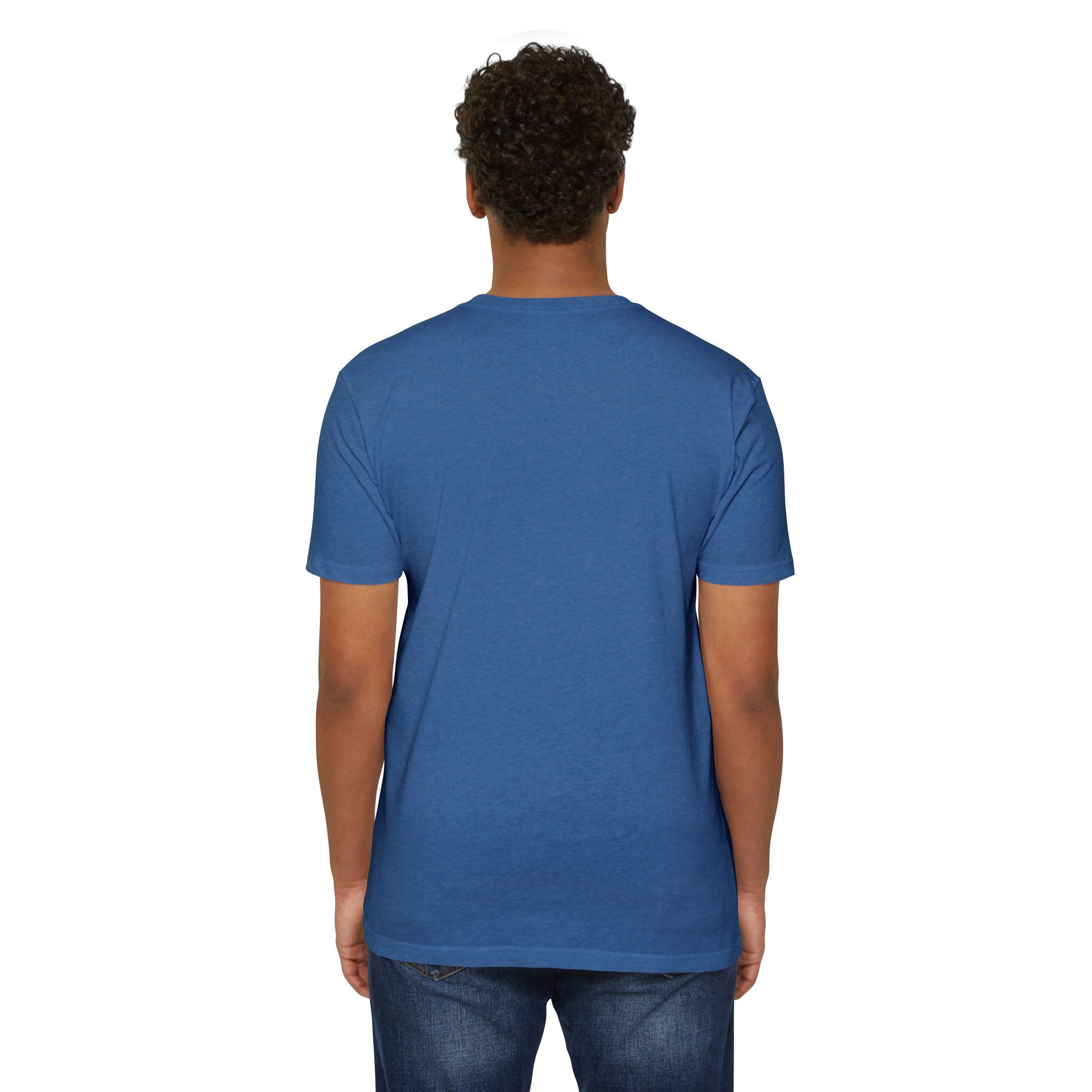 Blue unisex T-shirt with crew neck, plain back view.