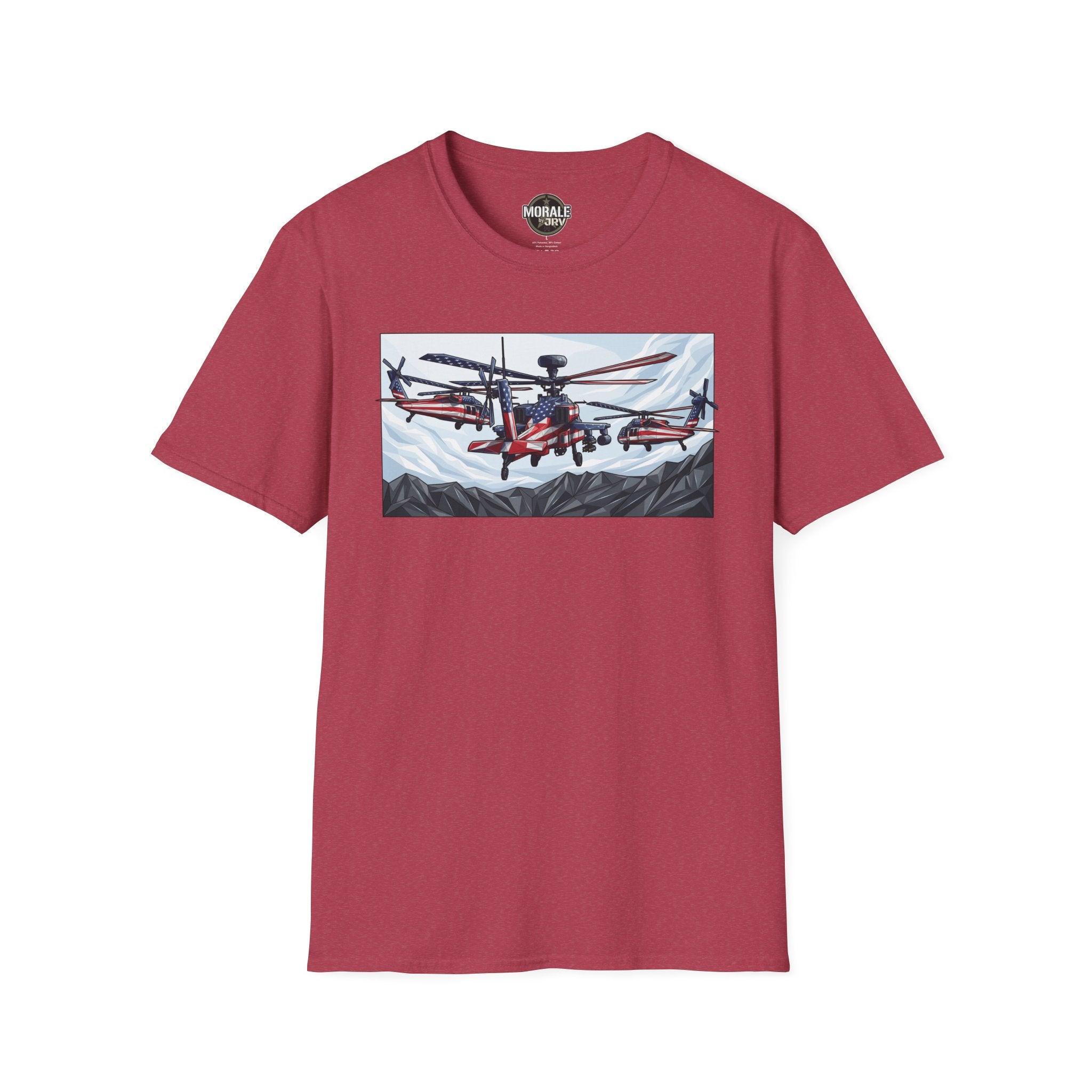 Red T-shirt with attack helicopter graphic on chest