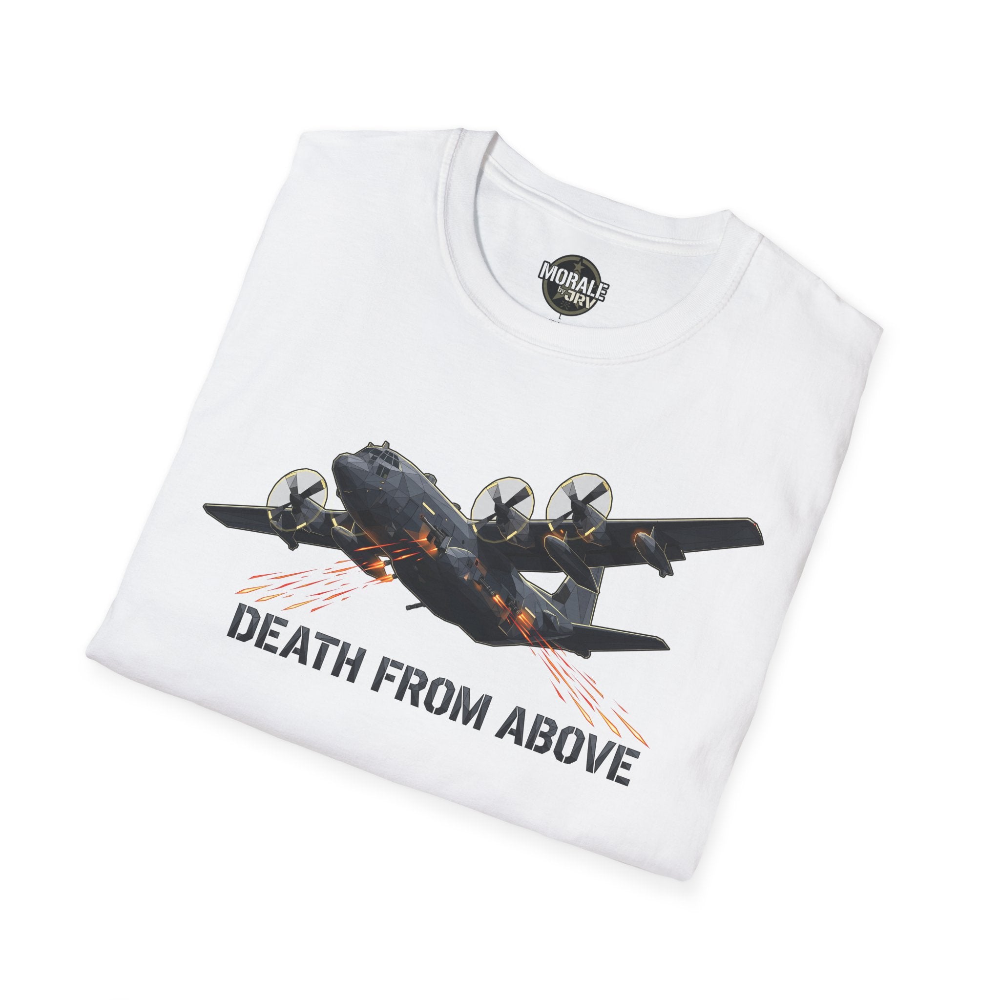 Death From Above T-shirt in white, plane graphic with orange flames and text