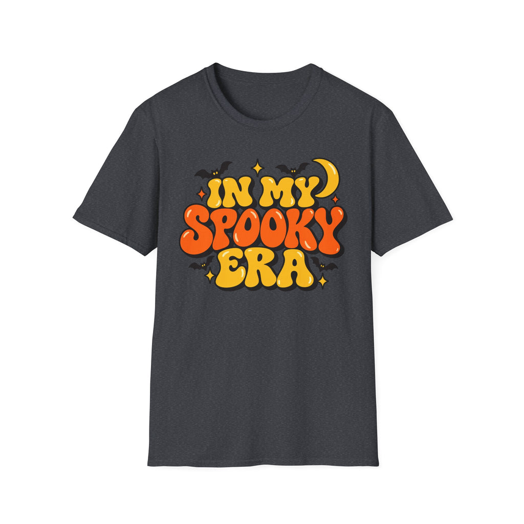 Charcoal Halloween graphic T-shirt with orange and yellow bubble lettering