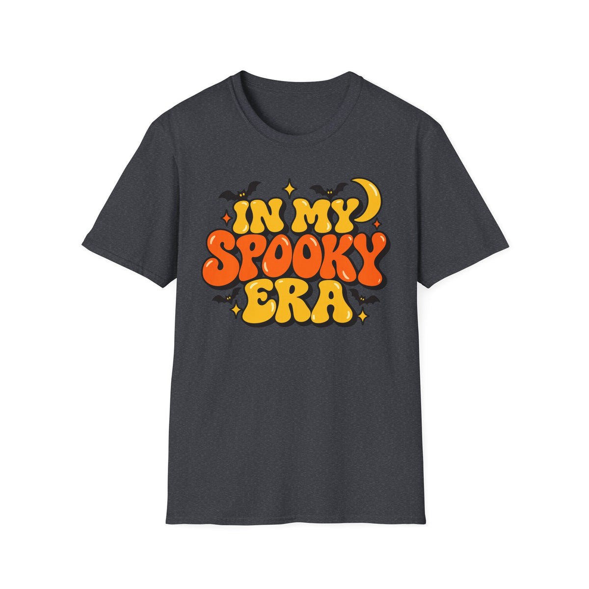 Charcoal Halloween graphic T-shirt with orange and yellow bubble lettering
